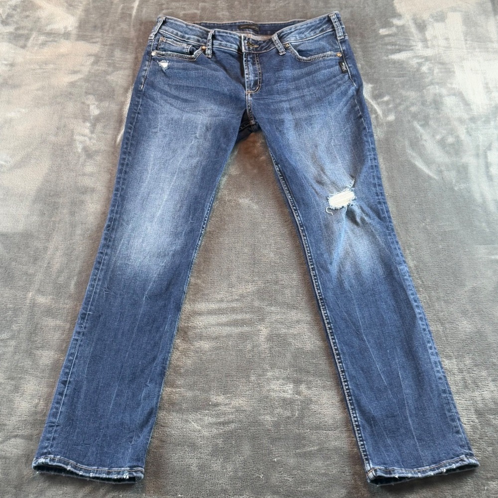 Silver Jeans Co Suki Straight Leg Distressed Medium Wash Denim Jeans Size 34
